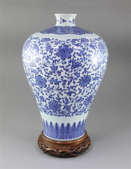 A large Chinese blue and white meiping, 39cm, wood stand